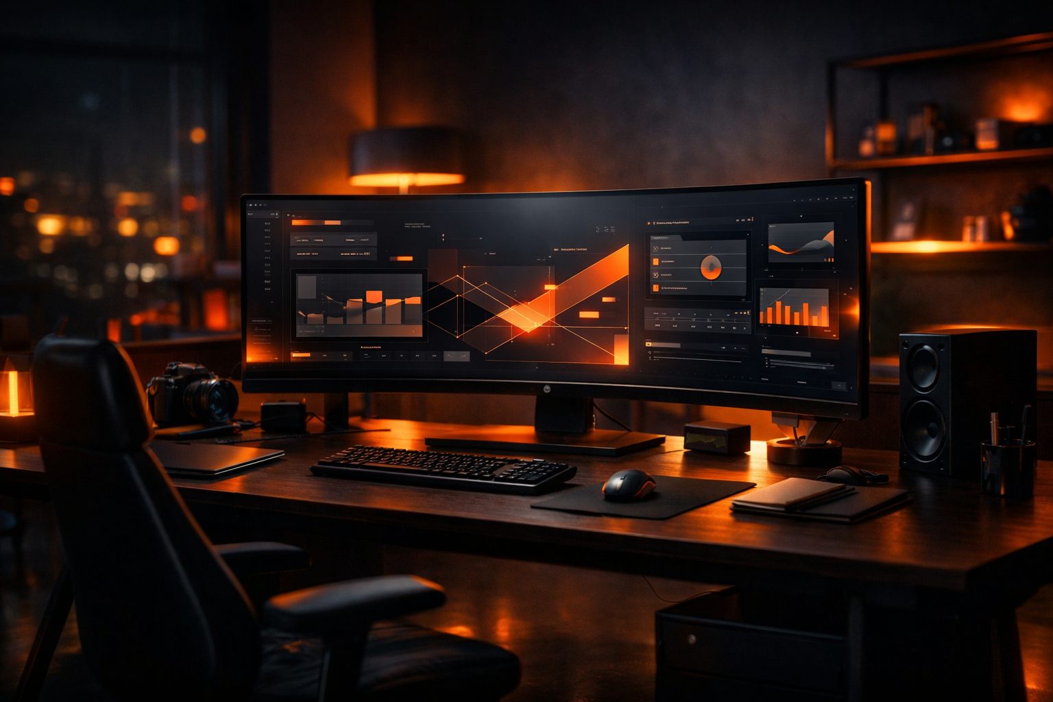 Moderner Tech-Studio-Arbeitsplatz mit Dashboard