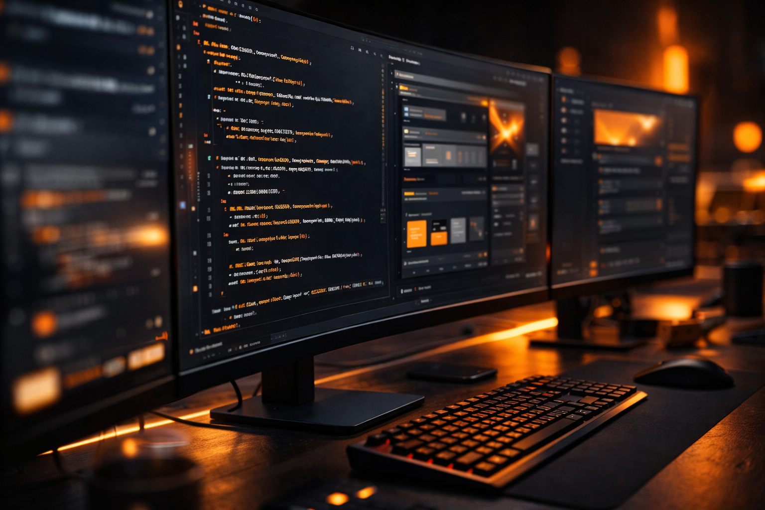 Close-up von UI und Code auf mehreren Monitoren