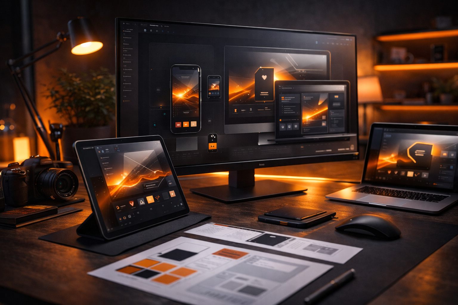 Mediendesign-Arbeitsplatz mit Multi-Device-Mockups