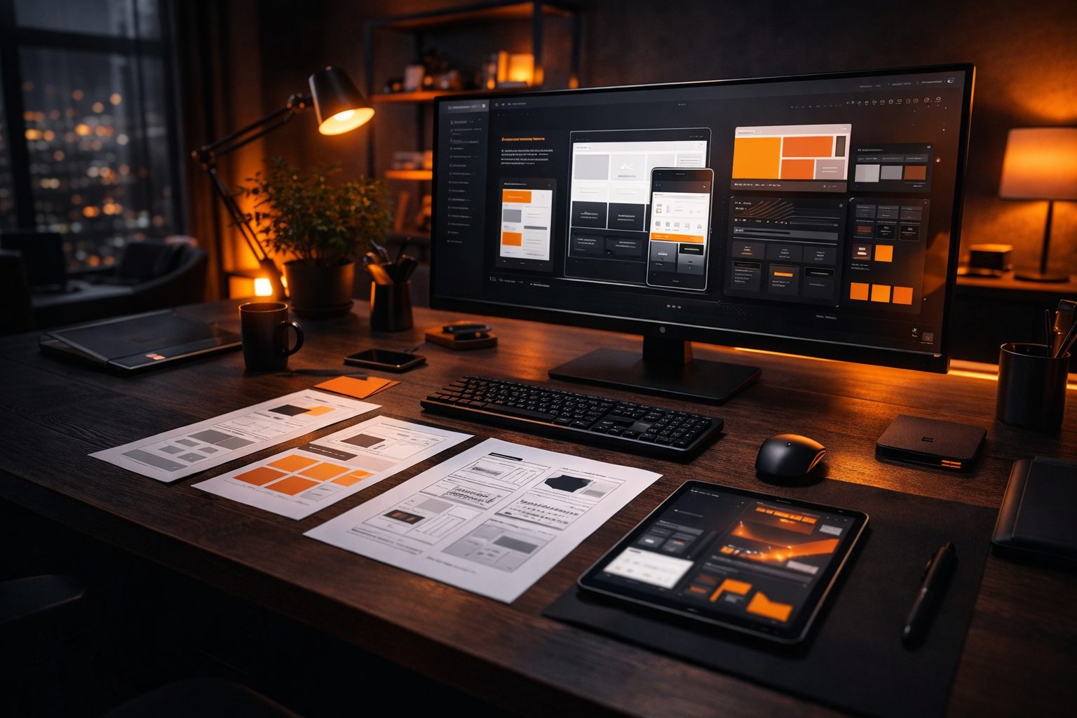 Webdesign-Workspace mit Wireframes und Interface-Konzept